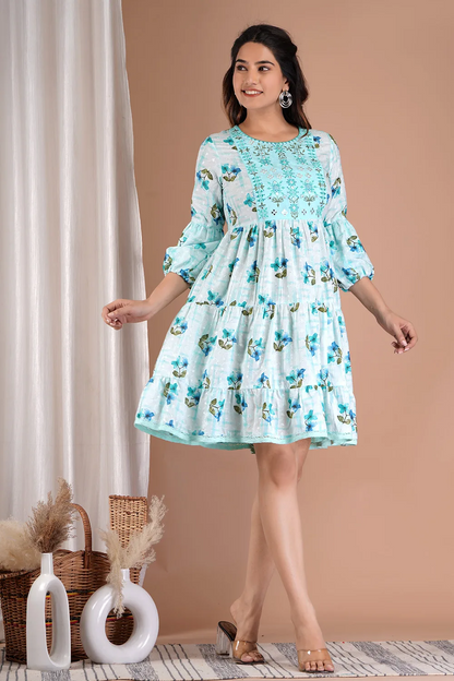 Cotton Printed Sefley Embroidery Short Dress