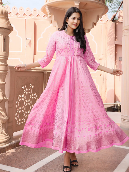 Chanderi SIlk Printed Handwork Anarkali Gown