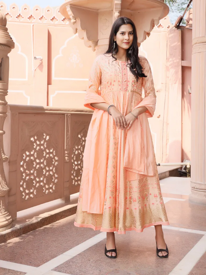 Chanderi SIlk Printed Handwork Anarkali Gown