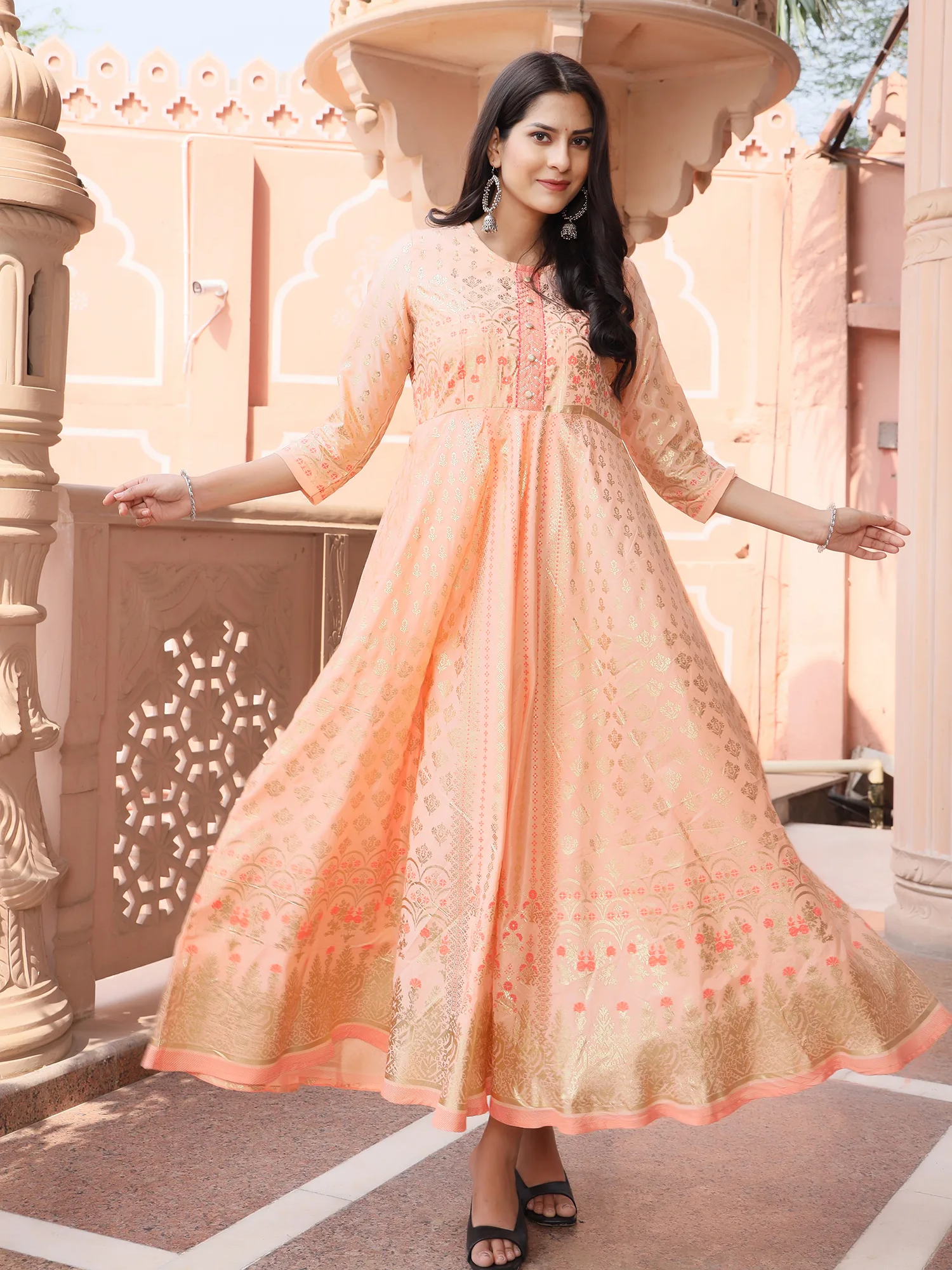 Chanderi SIlk Printed Handwork Anarkali Gown