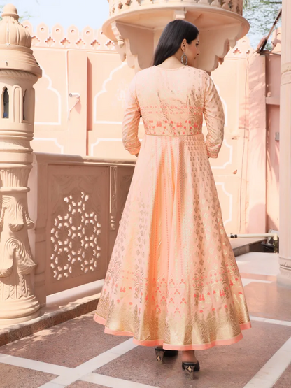 Chanderi SIlk Printed Handwork Anarkali Gown