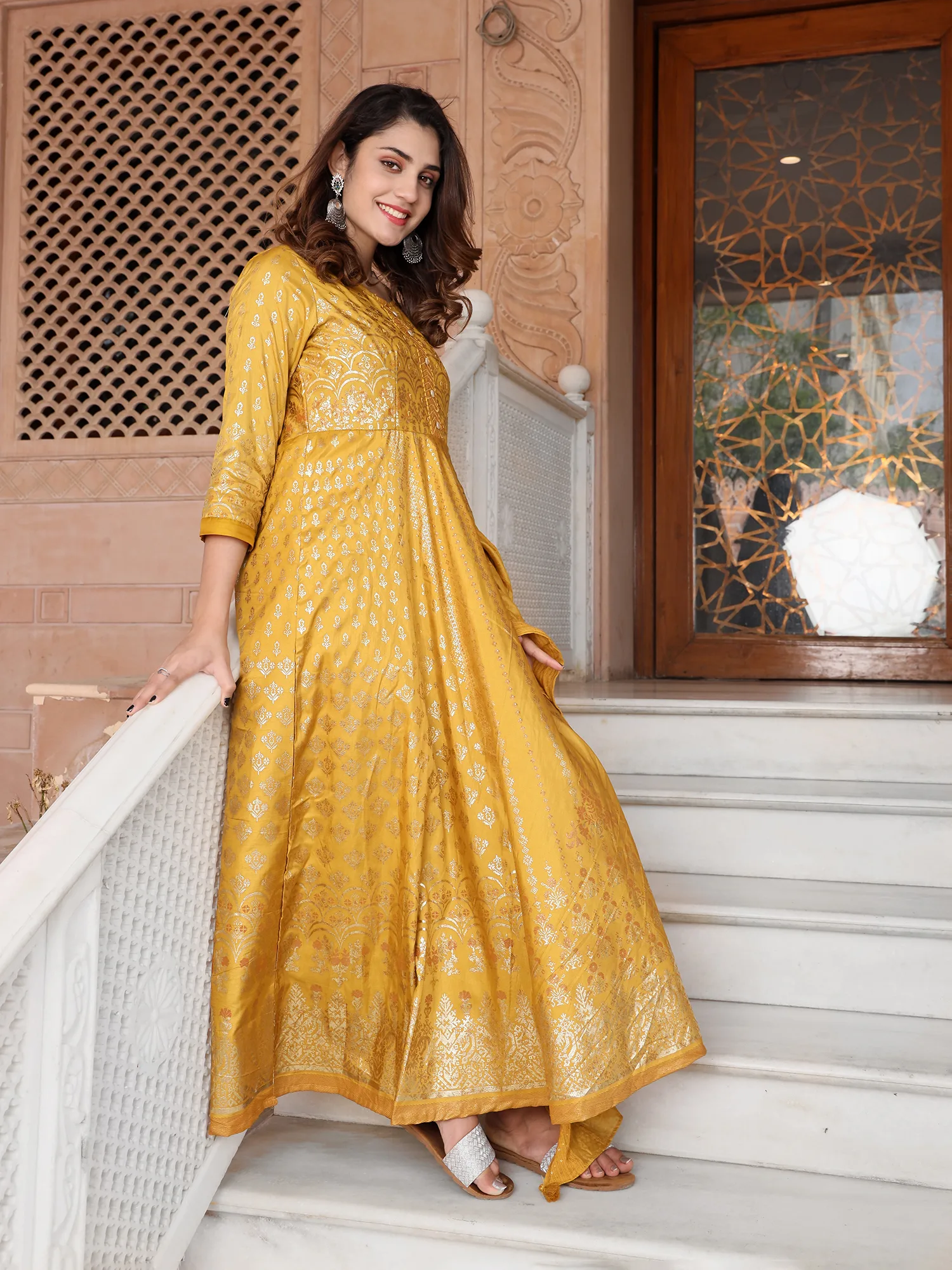 Chanderi SIlk Printed Handwork Anarkali Gown