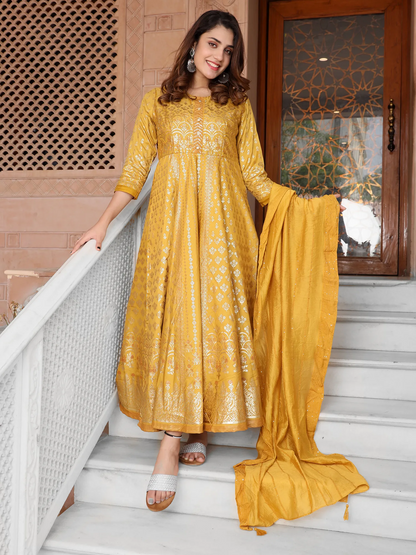 Chanderi SIlk Printed Handwork Anarkali Gown