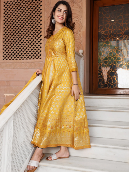 Chanderi SIlk Printed Handwork Anarkali Gown