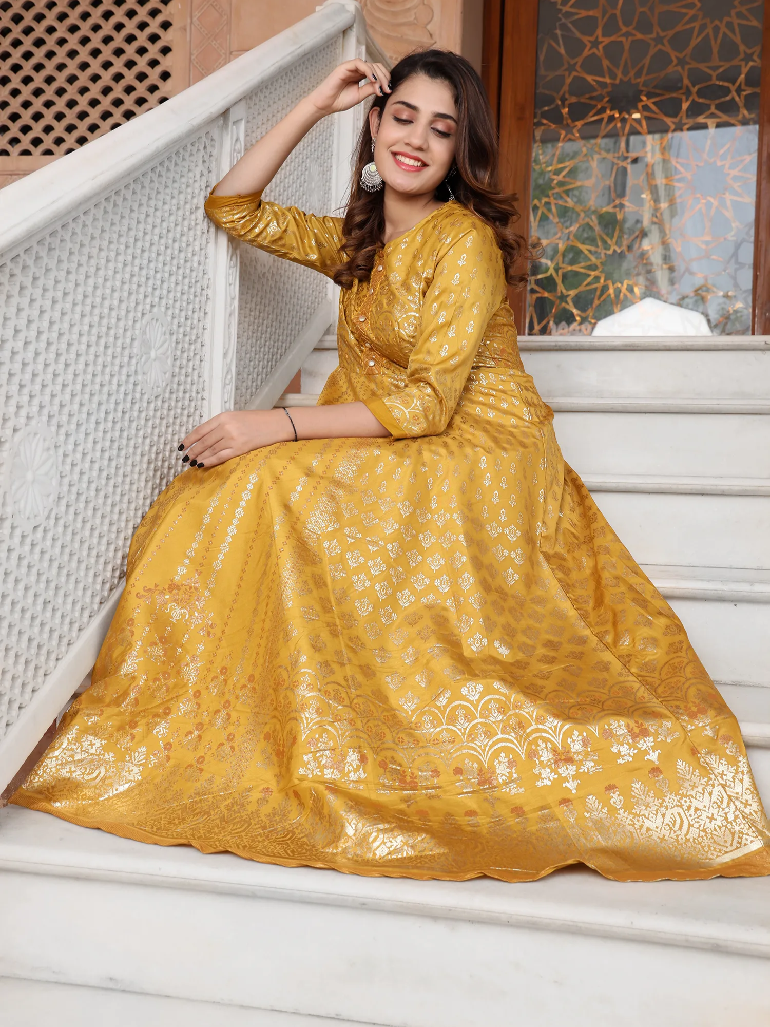 Chanderi SIlk Printed Handwork Anarkali Gown