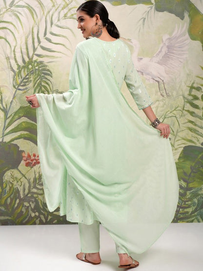 Floral Embroidered Pure Cotton Anarkali Kurta &amp; Trousers With Dupatta