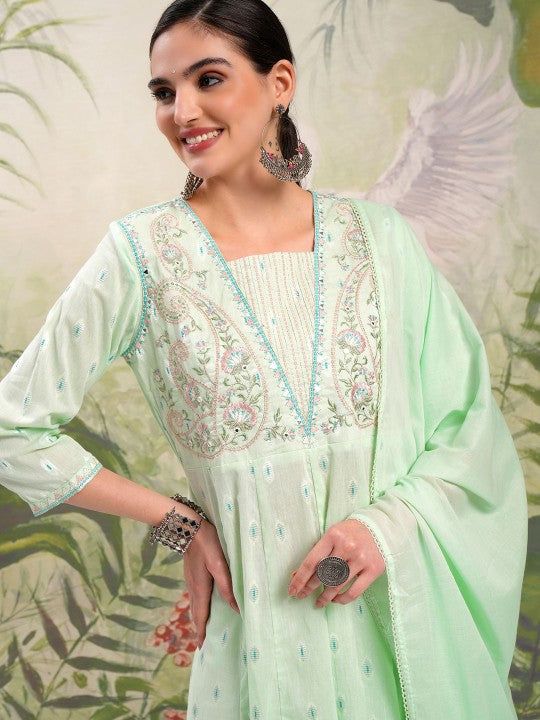 Floral Embroidered Pure Cotton Anarkali Kurta &amp; Trousers With Dupatta