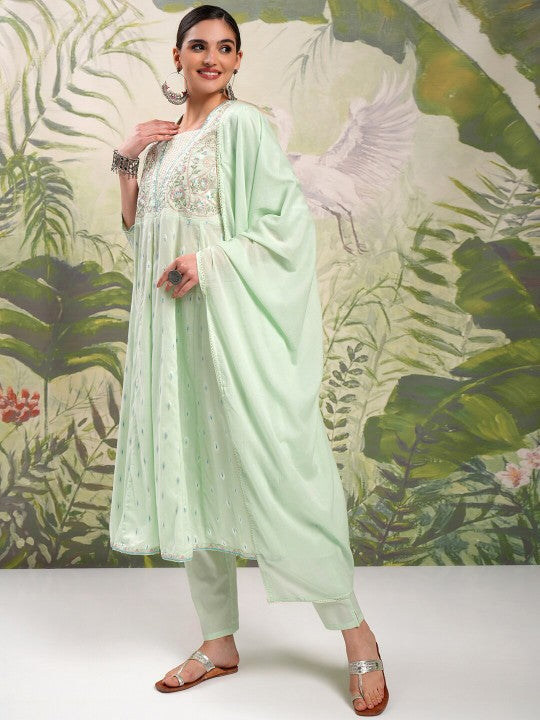 Floral Embroidered Pure Cotton Anarkali Kurta &amp; Trousers With Dupatta