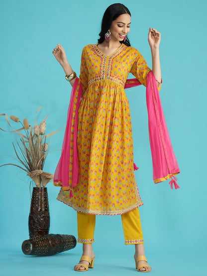 Floral Print Pure Cotton Anarkali Kurta with Mirror Work, Paired with Trouser and Dupatta