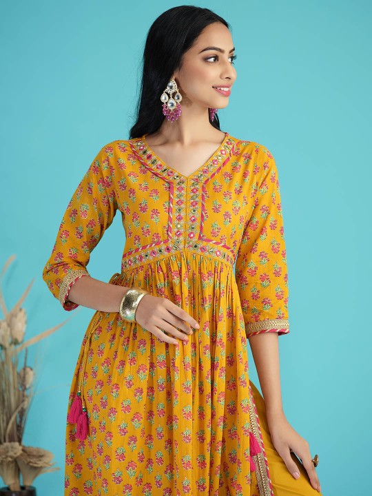 Floral Print Pure Cotton Anarkali Kurta with Mirror Work, Paired with Trouser and Dupatta