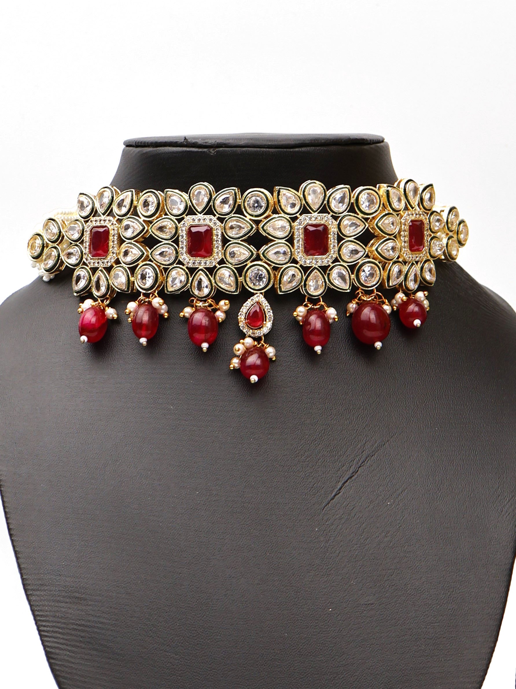 Polki and Garnet Gemstone Choker Necklace with Earrings Fashion Jewelry for Party Festival Wedding Occasion in Noida