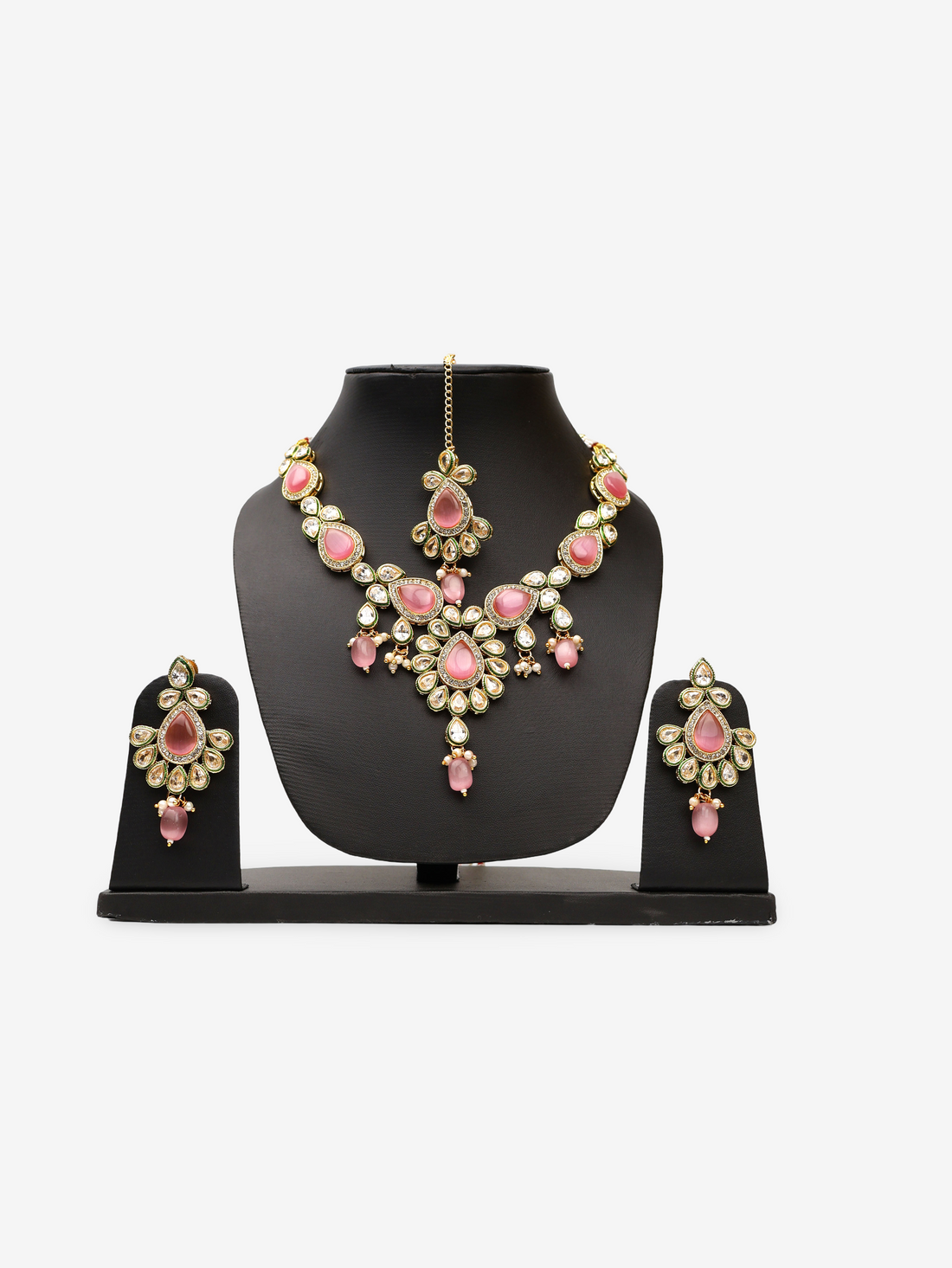 Polki and Pink Monalisa Stone Necklace with Earrings &amp; Mang Tkka Fashion Jewelry for Party Festival Wedding Occasion in Noida