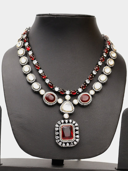 Red Garnet Stone and Kundan work Reverse AD Two Layer Necklace Set Fashion Jewelry for Party Festival Wedding Occasion in Noida