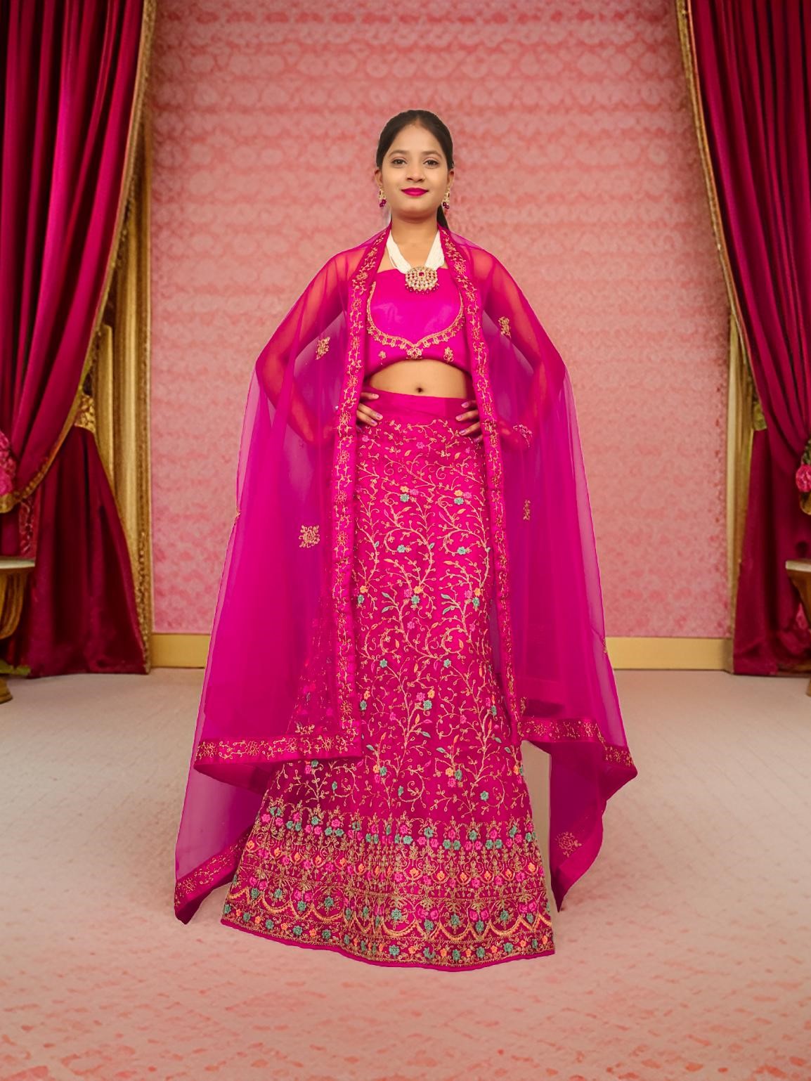 Semi-Stitched Lehenga with Embroidery &amp; Zari Thread Work by Shreekama Magenta Pink Semi-Stitched Lehenga for Party Festival Wedding Occasion in Noida