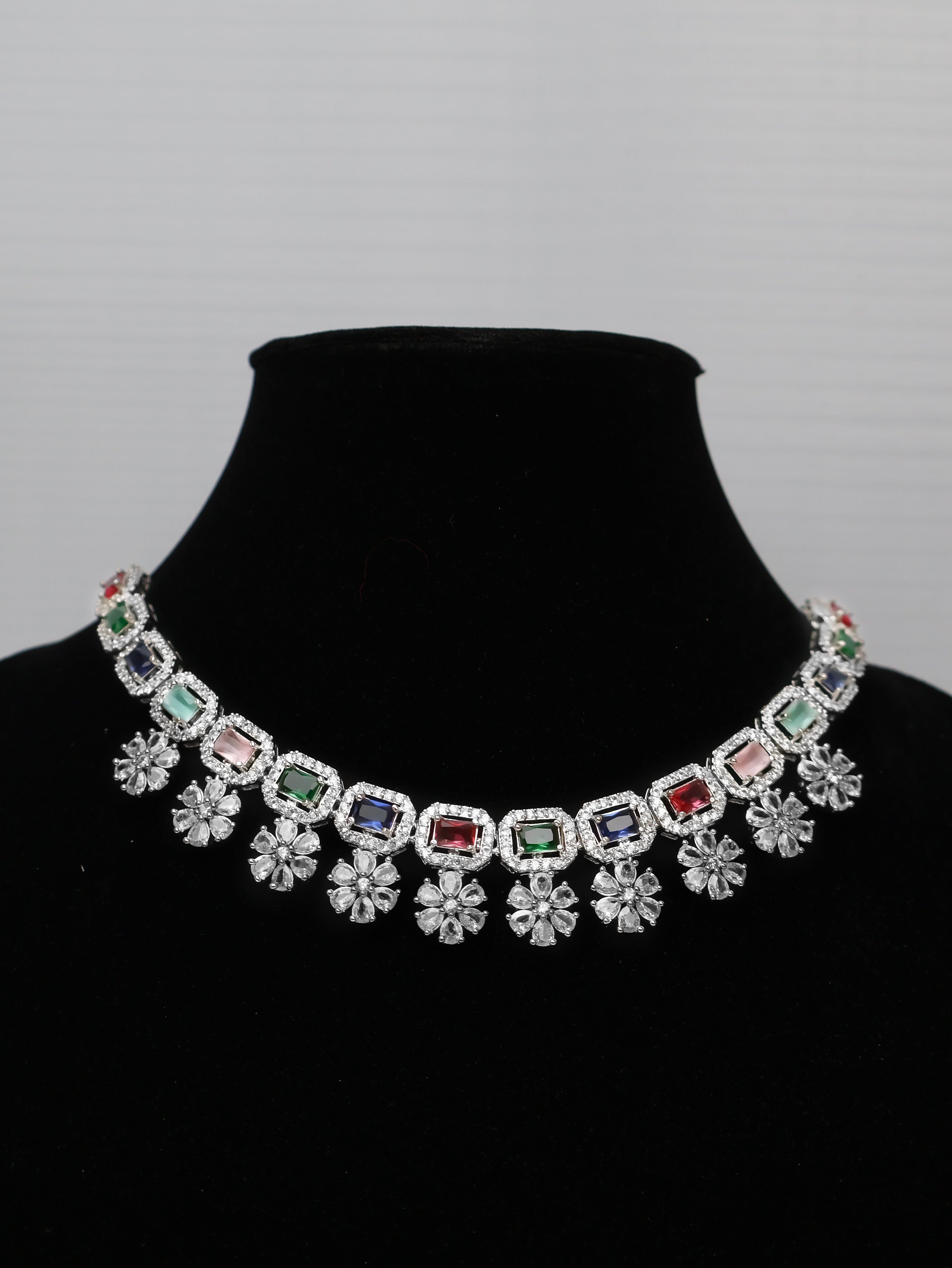 Silver Plated Multi Color AD Necklace Set