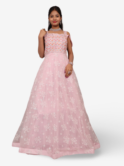 Gown with Stone Work &amp; Embroidery by Shreekama Pink Designer Gowns for Party Festival Wedding Occasion in Noida