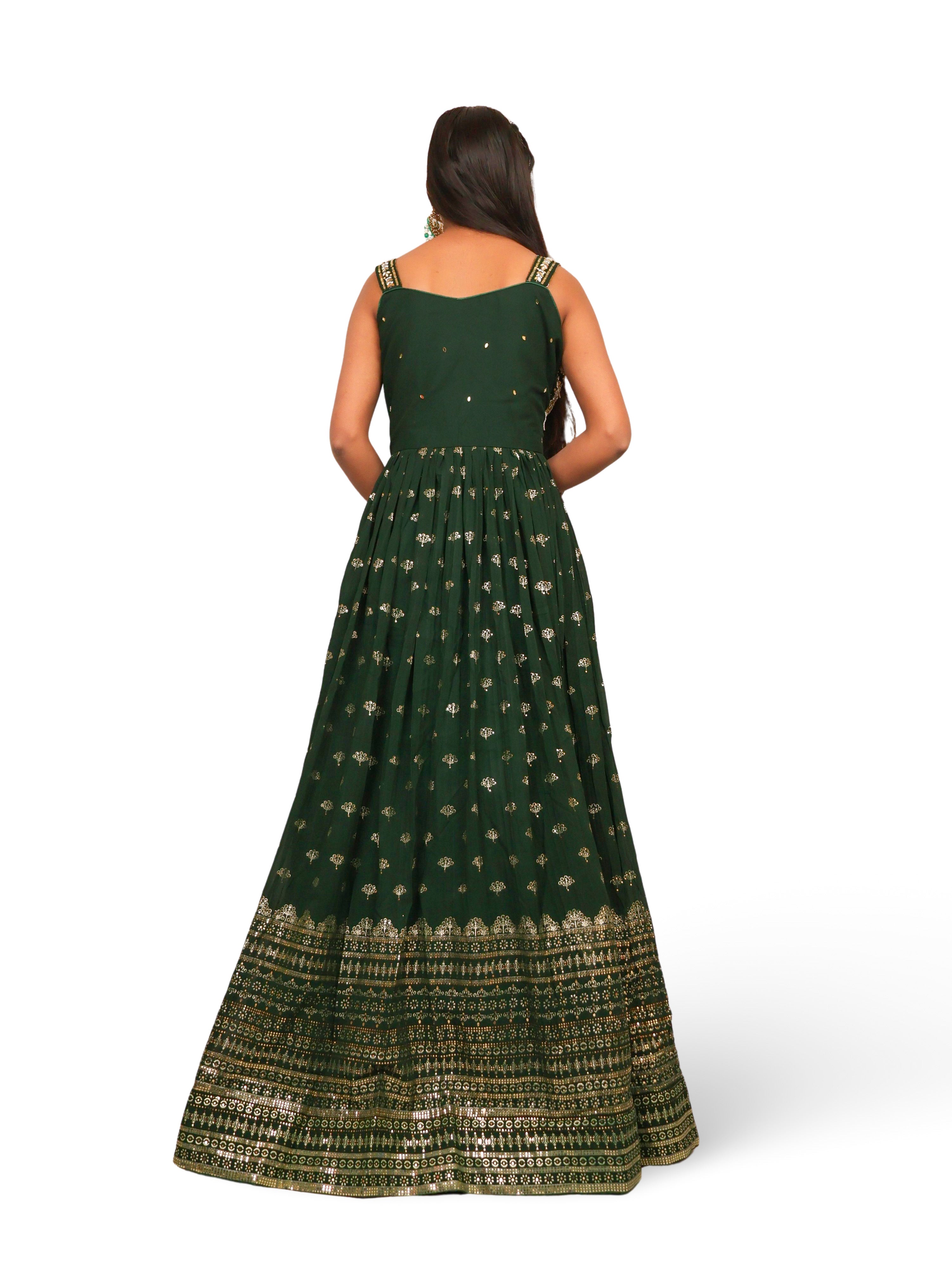 Dark Green Gown with Sequin &amp; Cut Dana Work by Shreekama Dark Green Designer Gowns for Party Festival Wedding Occasion in Noida