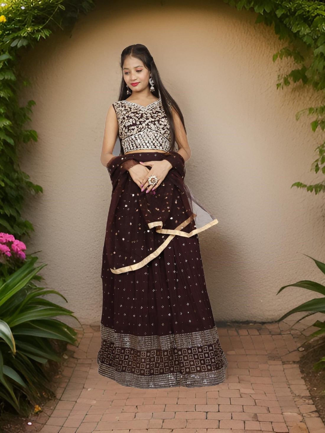 Designer Lehenga &amp; choli with dupatta for Women by Shreekama Dark Brown Designer Lehenga for Party Festival Wedding Occasion in Noida