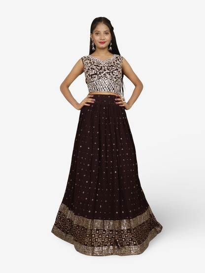 Designer Lehenga &amp; choli with dupatta for Women by Shreekama Dark Brown Designer Lehenga for Party Festival Wedding Occasion in Noida