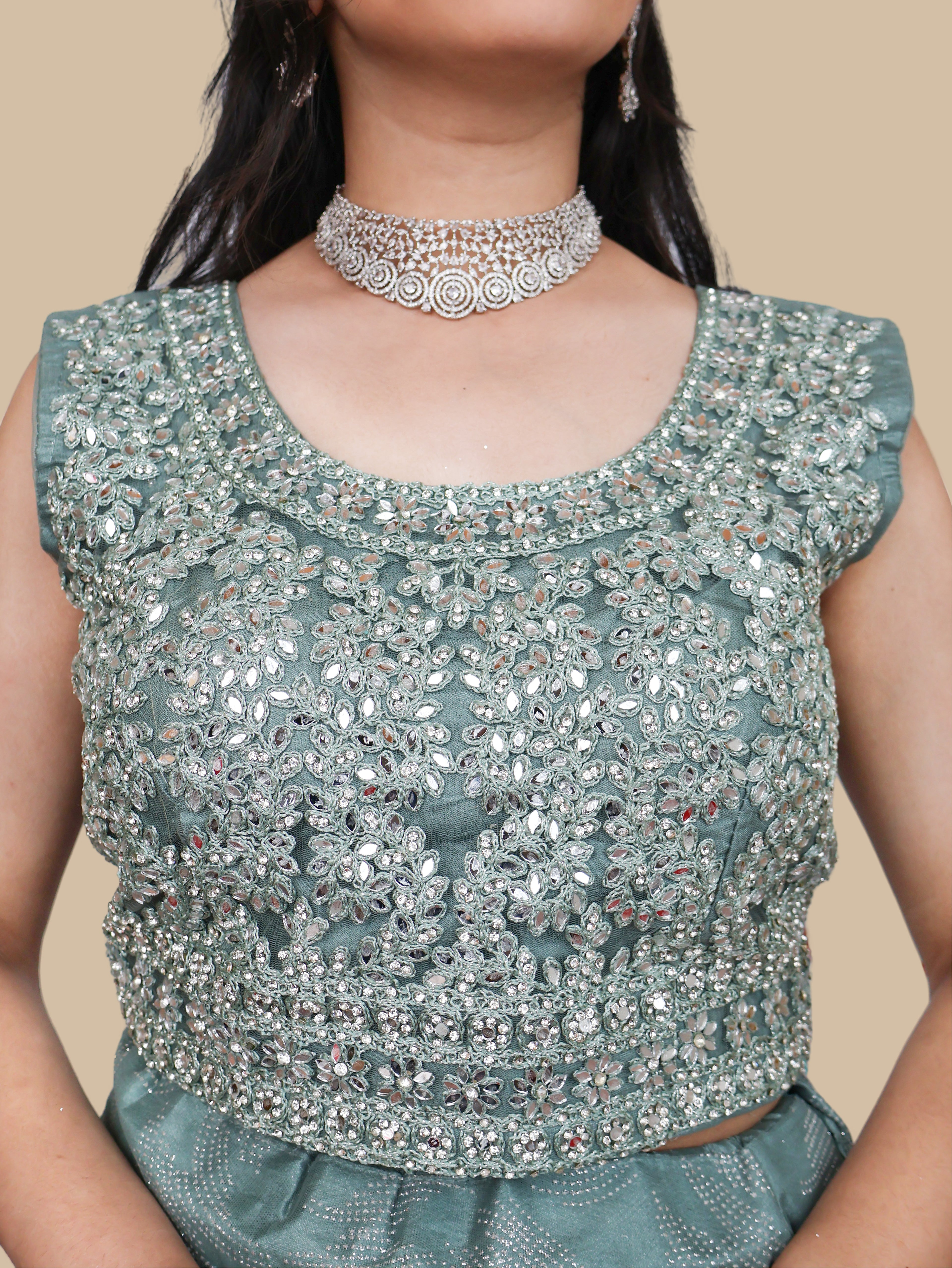 Mint Green Lehenga Choli Set with Golden Mirror Stone Work by Shreekama Mint Green Designer Lehenga for Party Festival Wedding Occasion in Noida