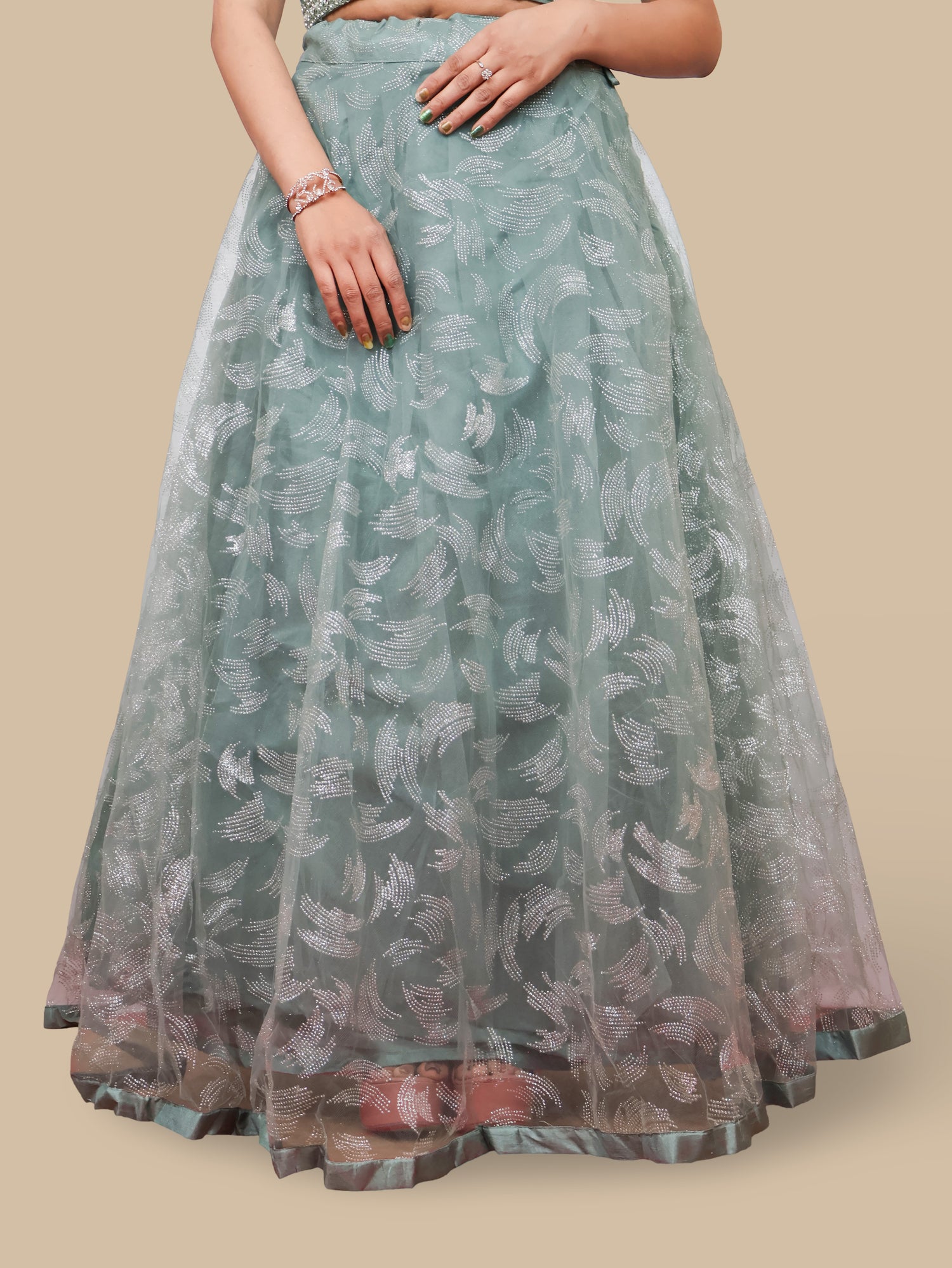 Mint Green Lehenga Choli Set with Golden Mirror Stone Work by Shreekama Mint Green Designer Lehenga for Party Festival Wedding Occasion in Noida