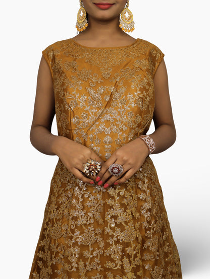 Gown with Shimmery Rubber &amp; Beads Work by Shreekama Mustard Yellow Designer Gowns for Party Festival Wedding Occasion in Noida