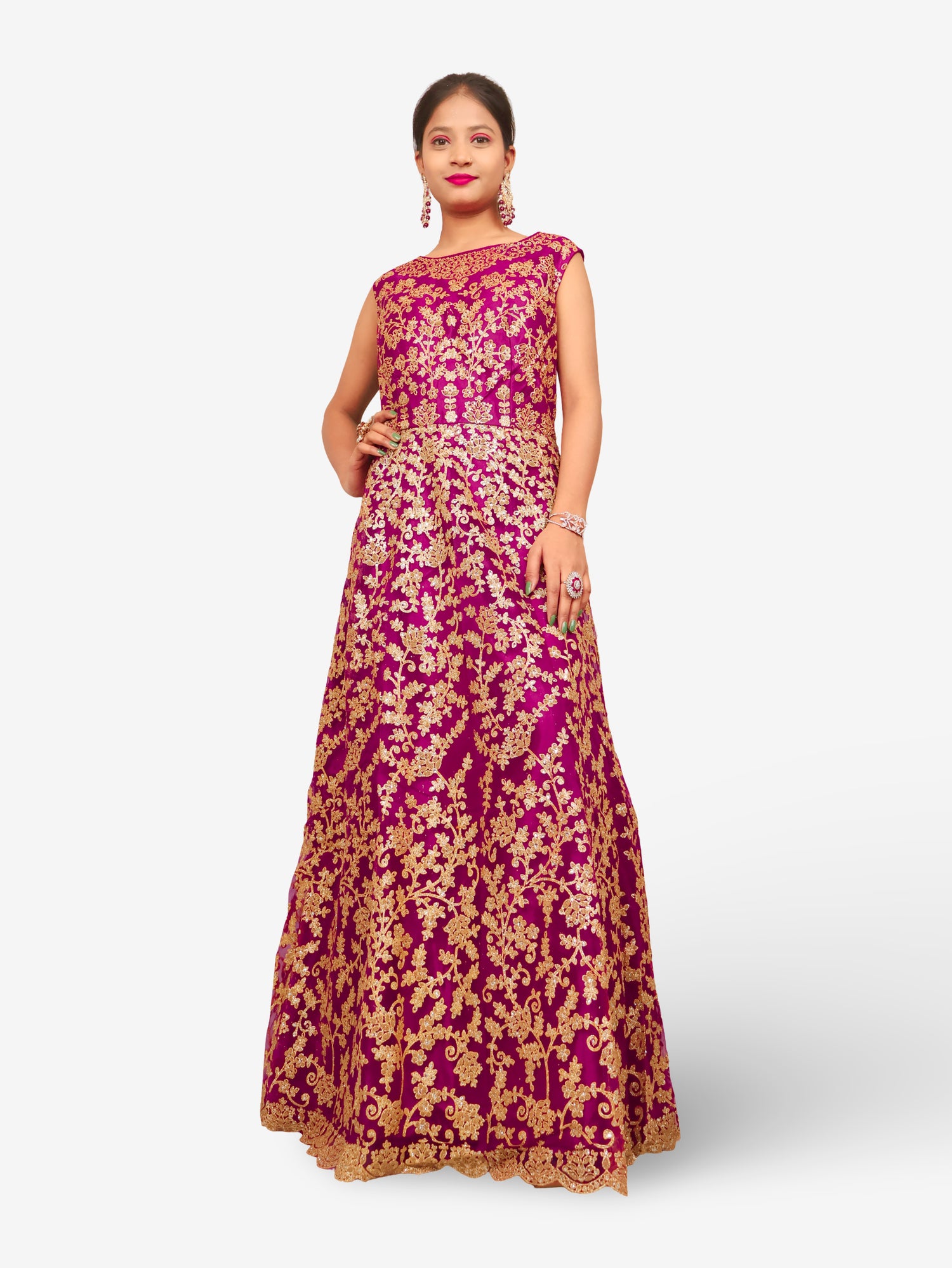 Gown with Shimmery Rubber &amp; Beads Work by Shreekama Purple Designer Gowns for Party Festival Wedding Occasion in Noida