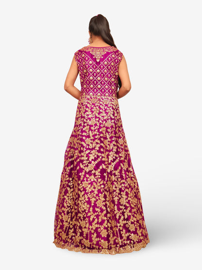 Gown with Shimmery Rubber &amp; Beads Work by Shreekama Purple Designer Gowns for Party Festival Wedding Occasion in Noida