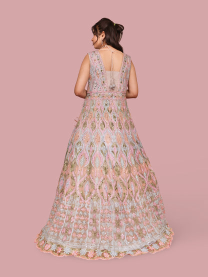 Multi Color Net Fabric Gown with Mirror Work &amp; Embroidery by Shreekama Multi Color Designer Gowns for Party Festival Wedding Occasion in Noida