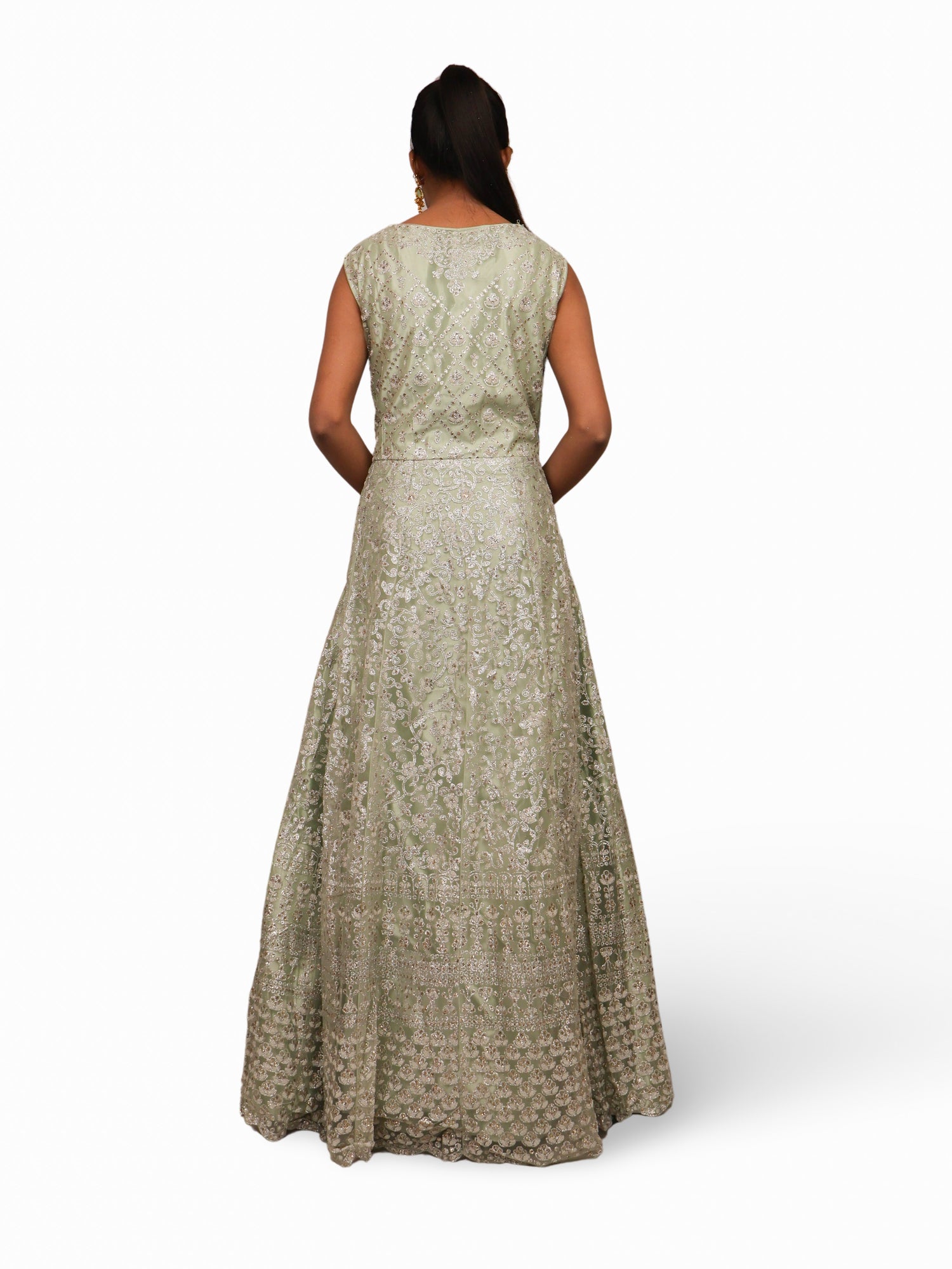 Shimmery and Shiny Beautiful Gown by Shreekama Pista Green Designer Gowns for Party Festival Wedding Occasion in Noida