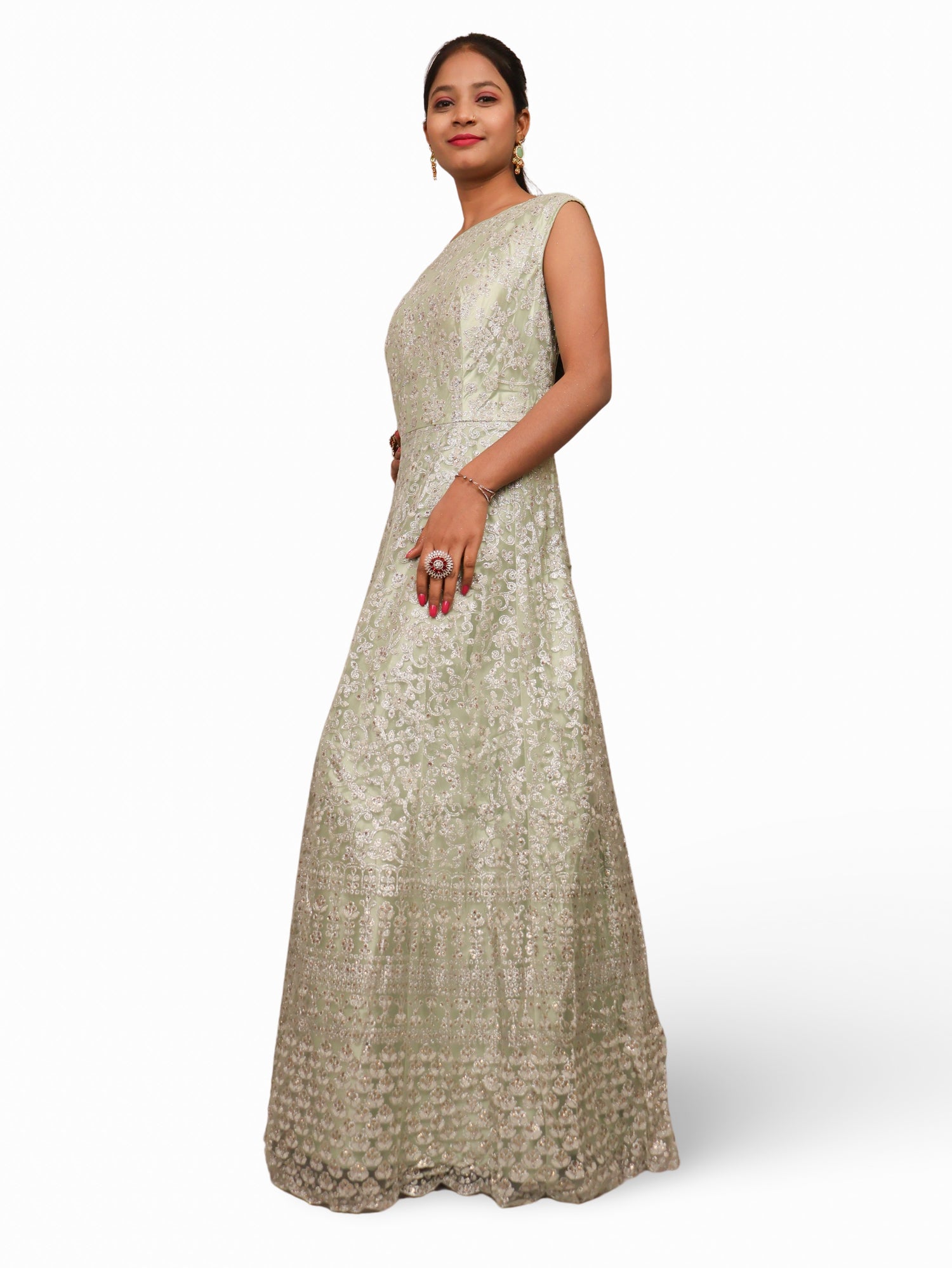 Shimmery and Shiny Beautiful Gown by Shreekama Pista Green Designer Gowns for Party Festival Wedding Occasion in Noida