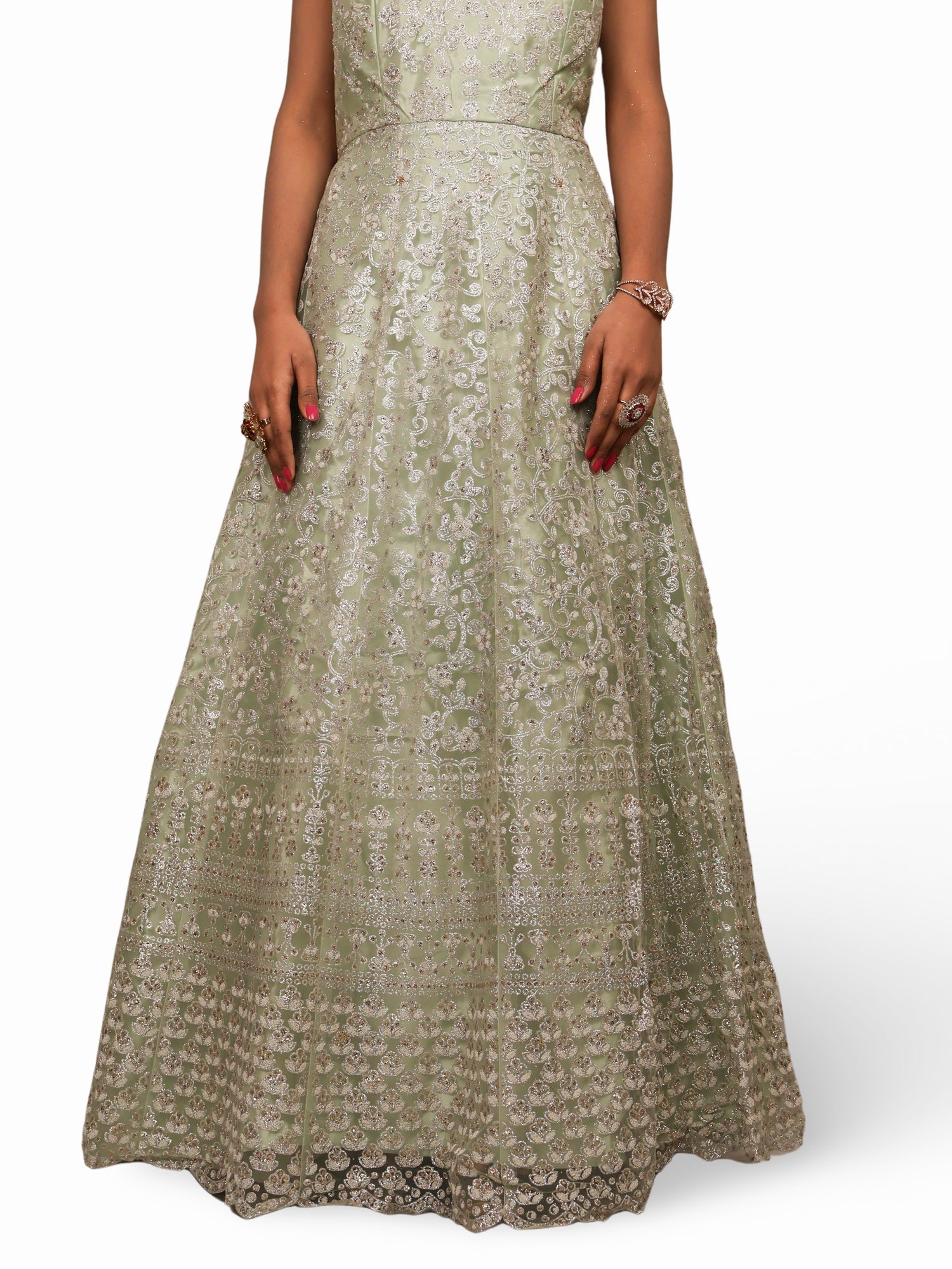 Shimmery and Shiny Beautiful Gown by Shreekama Pista Green Designer Gowns for Party Festival Wedding Occasion in Noida