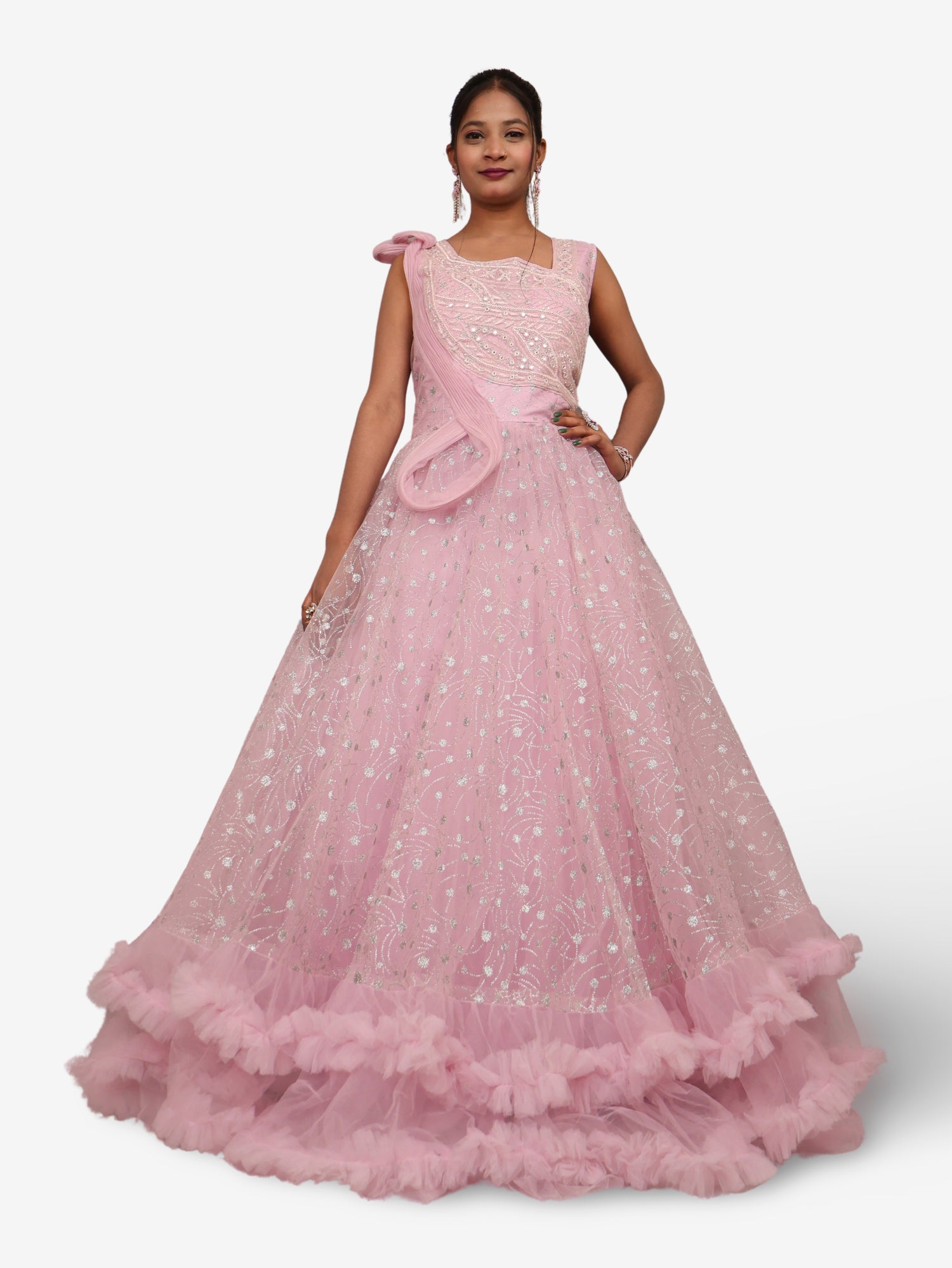 Gown with Cut Dana &amp; Glitter Work by Shreekama Pink Designer Gowns for Party Festival Wedding Occasion in Noida