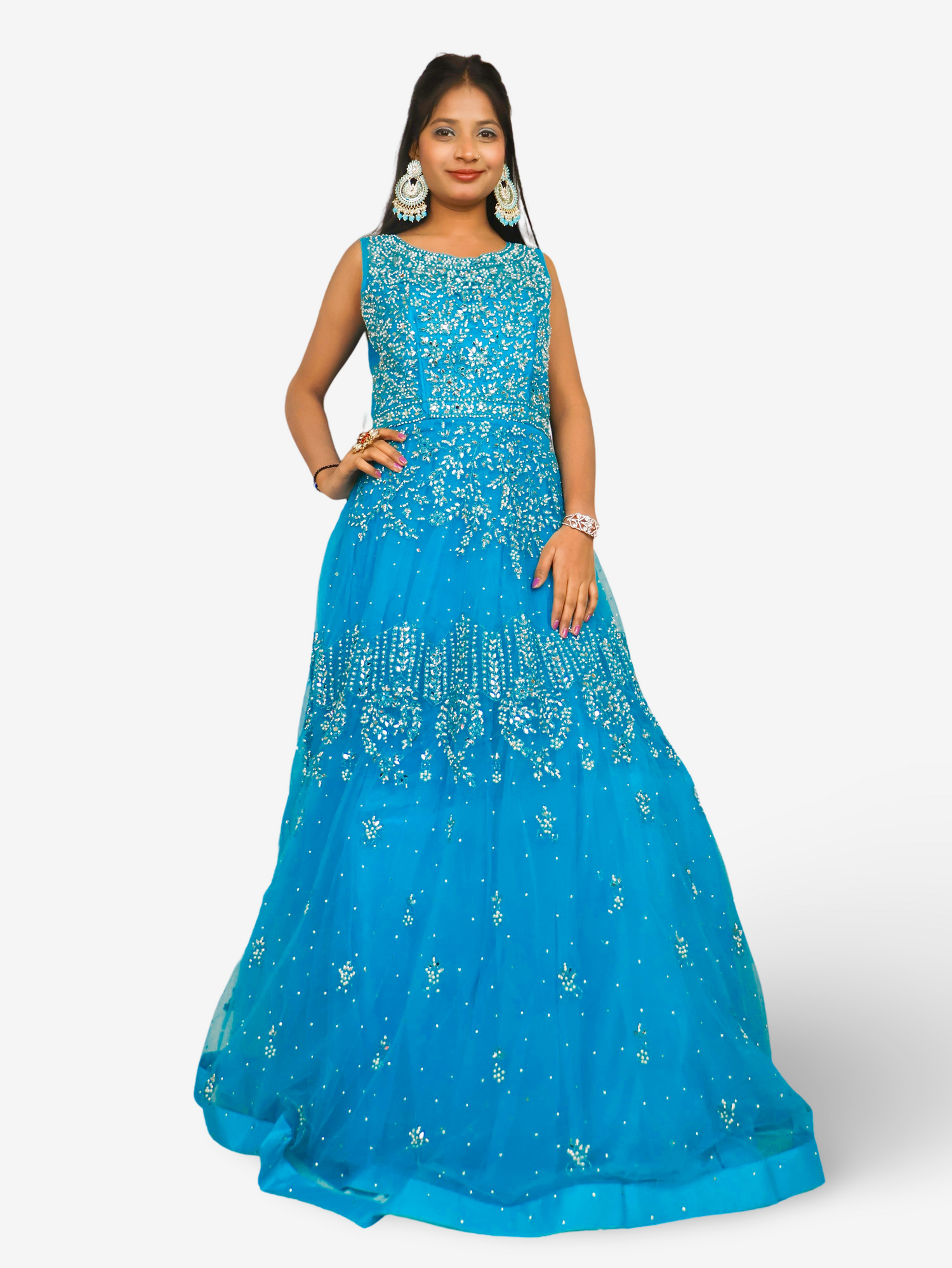 Net Fabric Gown with Mirror &amp; Pearls by Shreekama Blue Designer Gowns for Party Festival Wedding Occasion in Noida