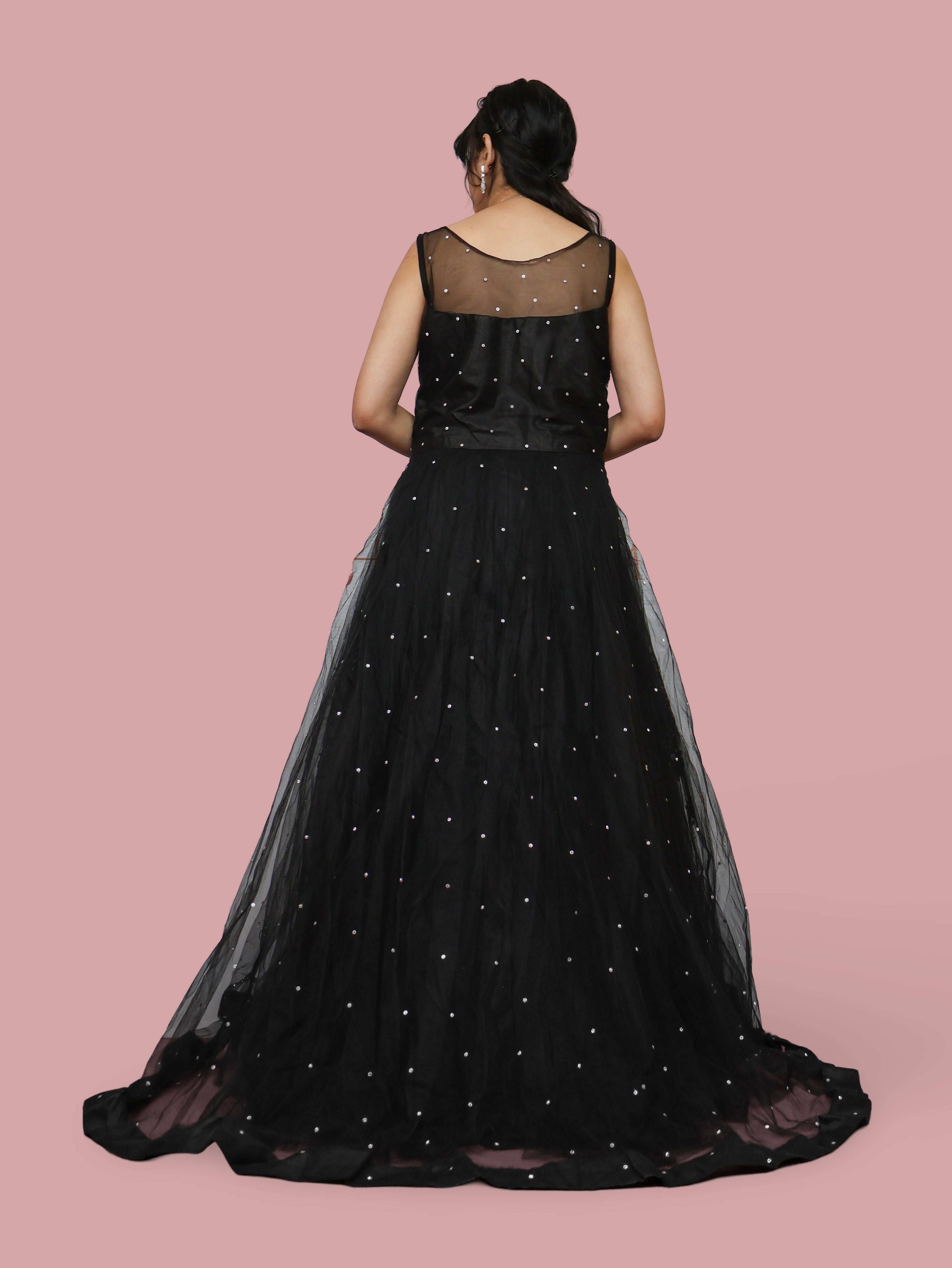 Net Fabric Gown with Mirror &amp; Pearls by Shreekama Black Designer Gowns for Party Festival Wedding Occasion in Noida