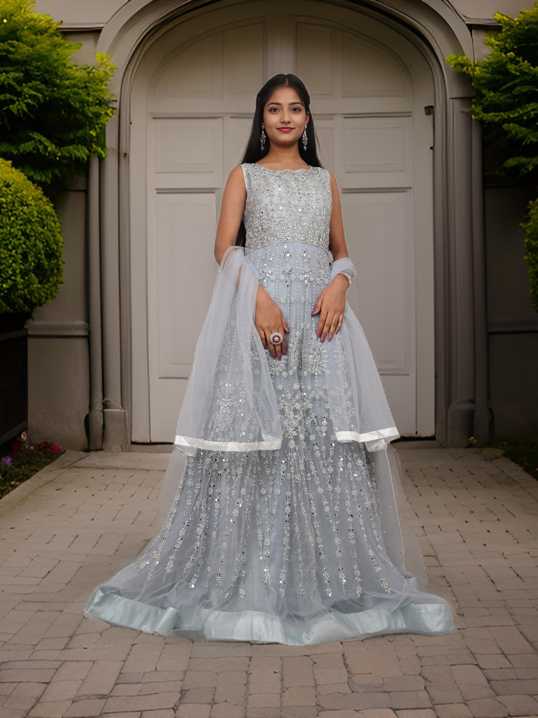 Net Fabric Gown with Pearl &amp; Embroidery by Shreekama Grey Designer Gowns for Party Festival Wedding Occasion in Noida