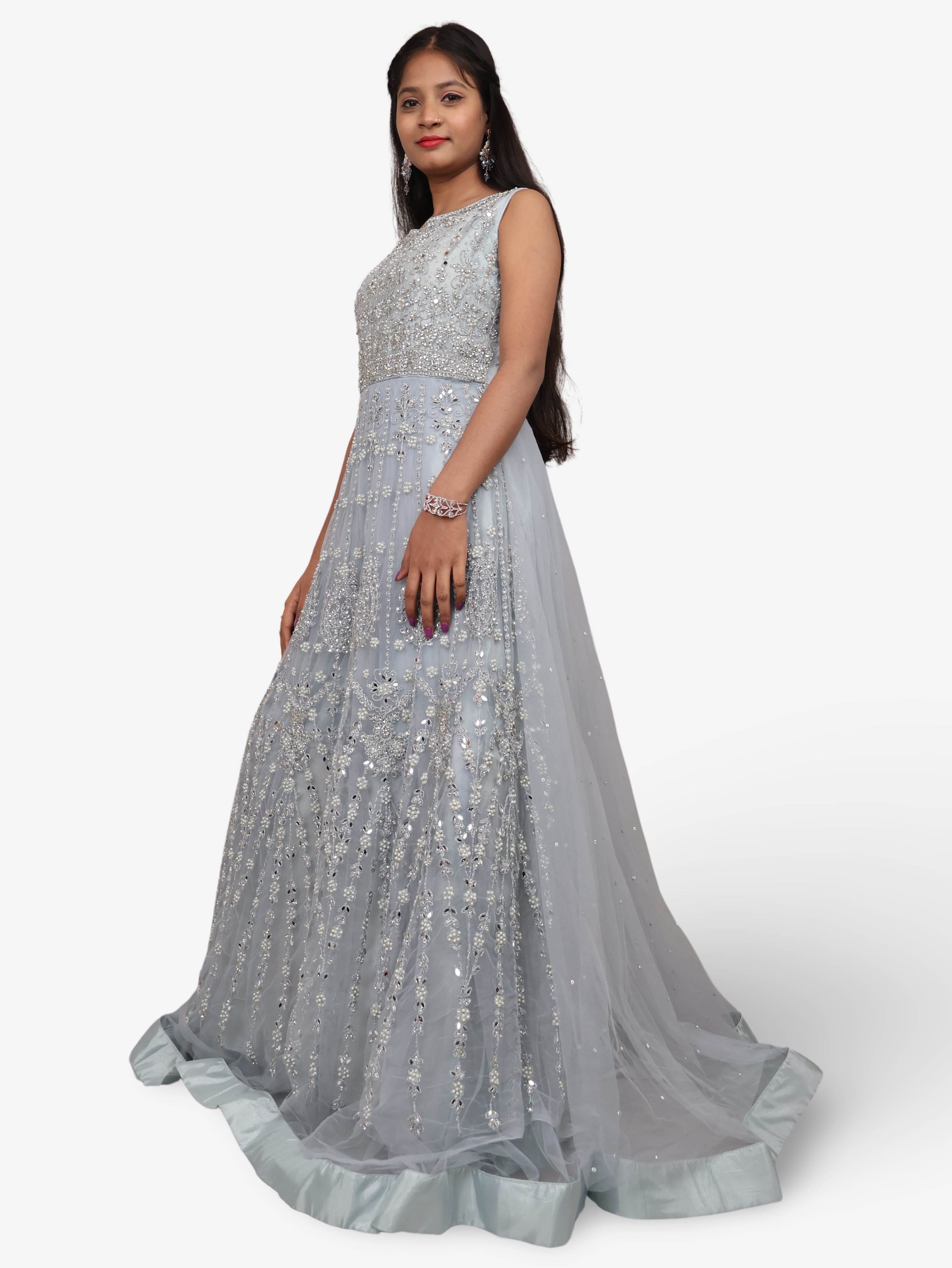 Net Fabric Gown with Pearl &amp; Embroidery by Shreekama Grey Designer Gowns for Party Festival Wedding Occasion in Noida