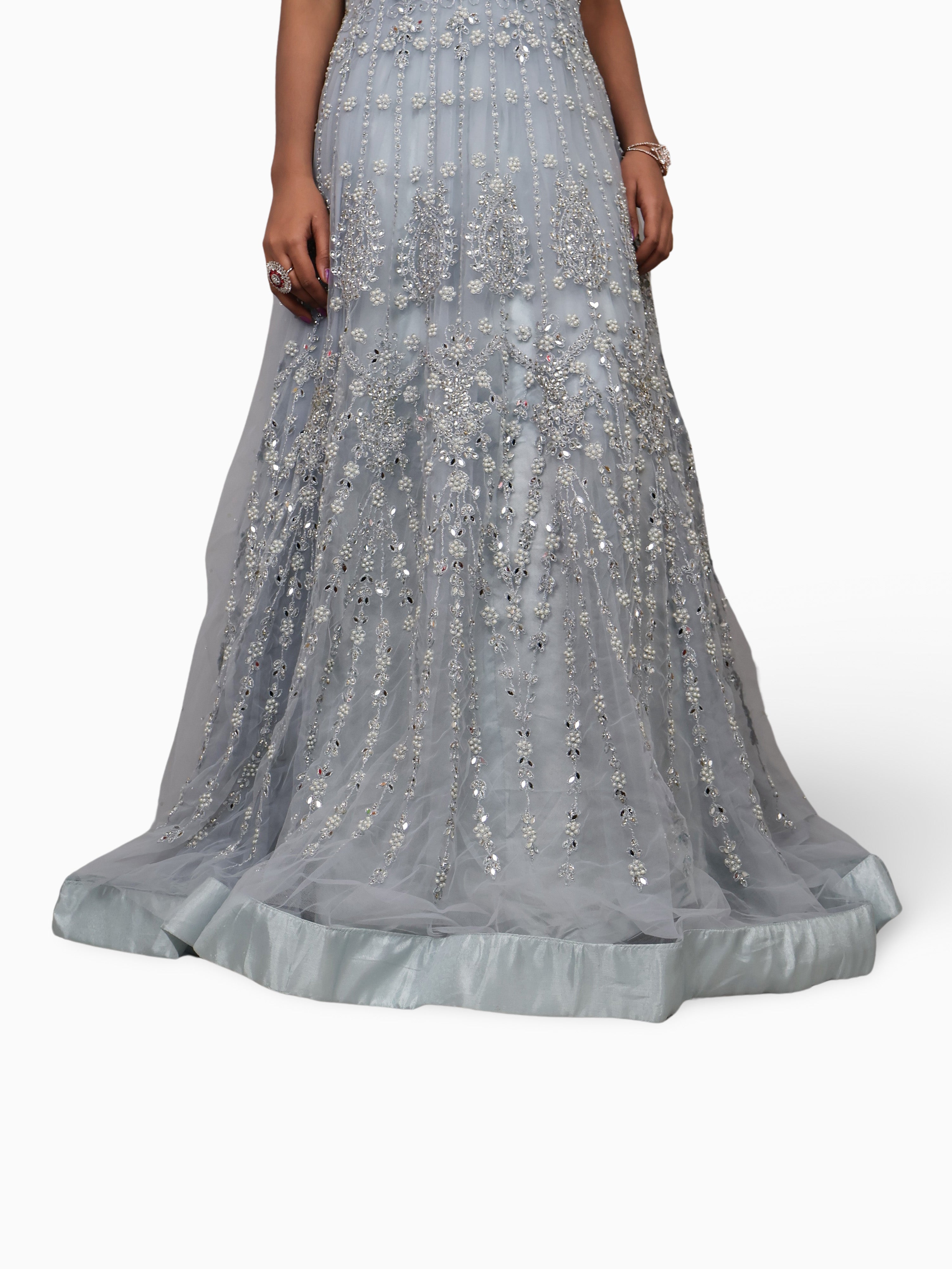 Net Fabric Gown with Pearl &amp; Embroidery by Shreekama Grey Designer Gowns for Party Festival Wedding Occasion in Noida