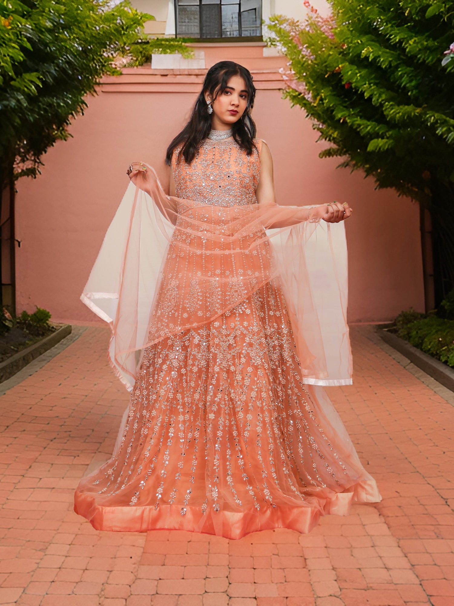 Net Fabric Gown with Pearl &amp; Embroidery by Shreekama Peach Designer Gowns for Party Festival Wedding Occasion in Noida