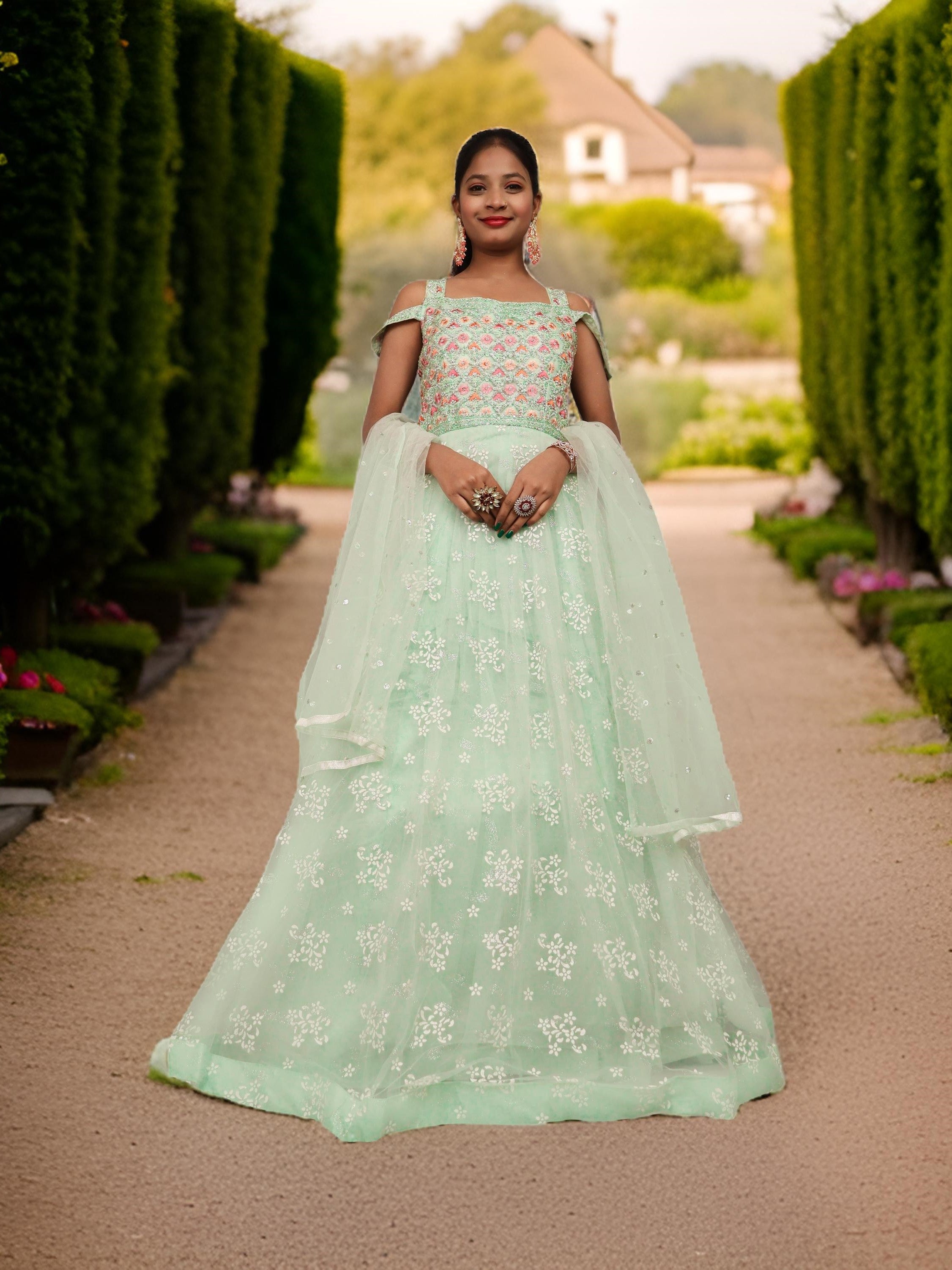 Gown with Stone Work &amp; Embroidery by Shreekama Pista Green Designer Gowns for Party Festival Wedding Occasion in Noida