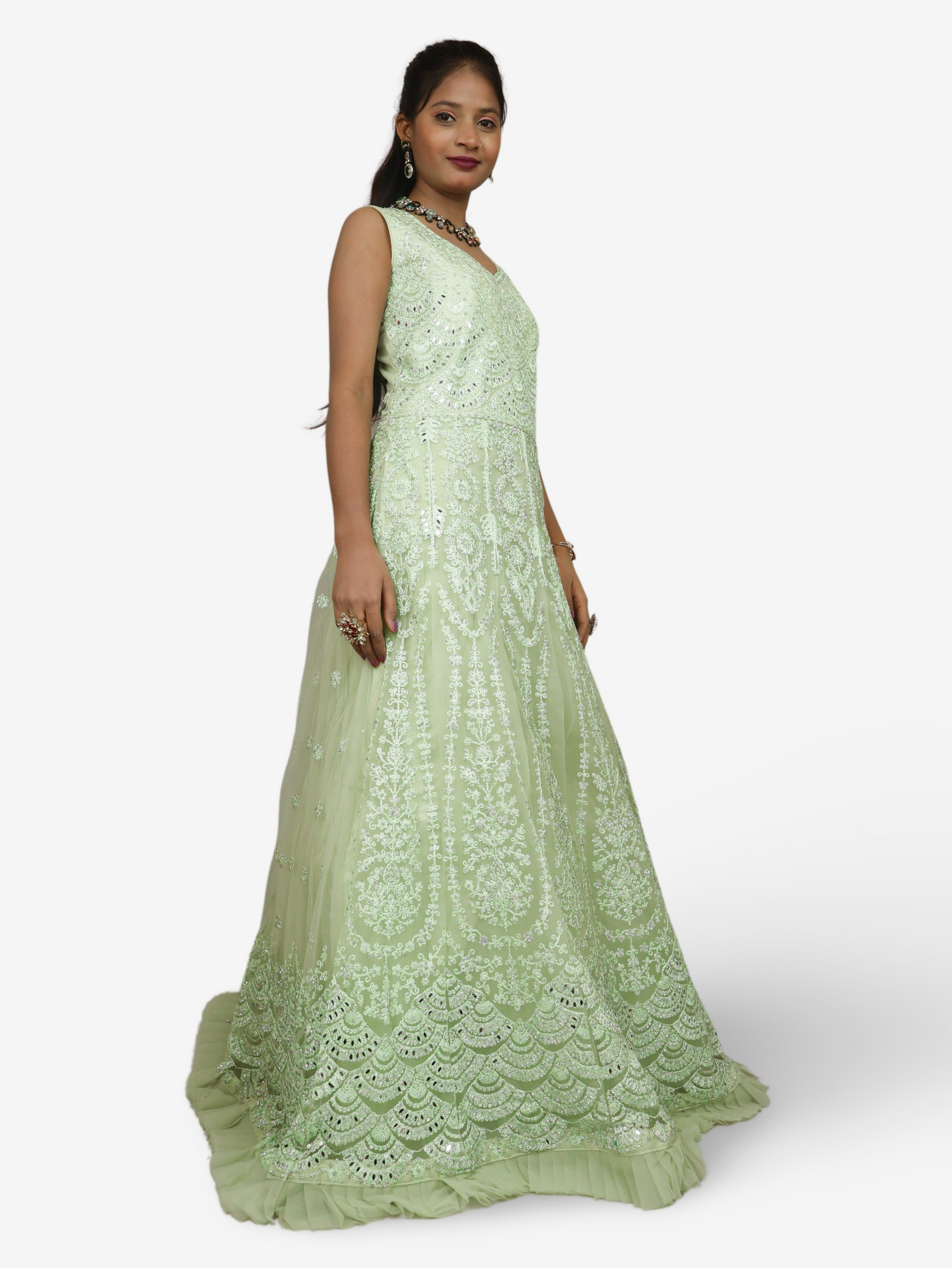 Gown with Thread Work &amp; Stones by Shreekama Pista Green Designer Gowns for Party Festival Wedding Occasion in Noida