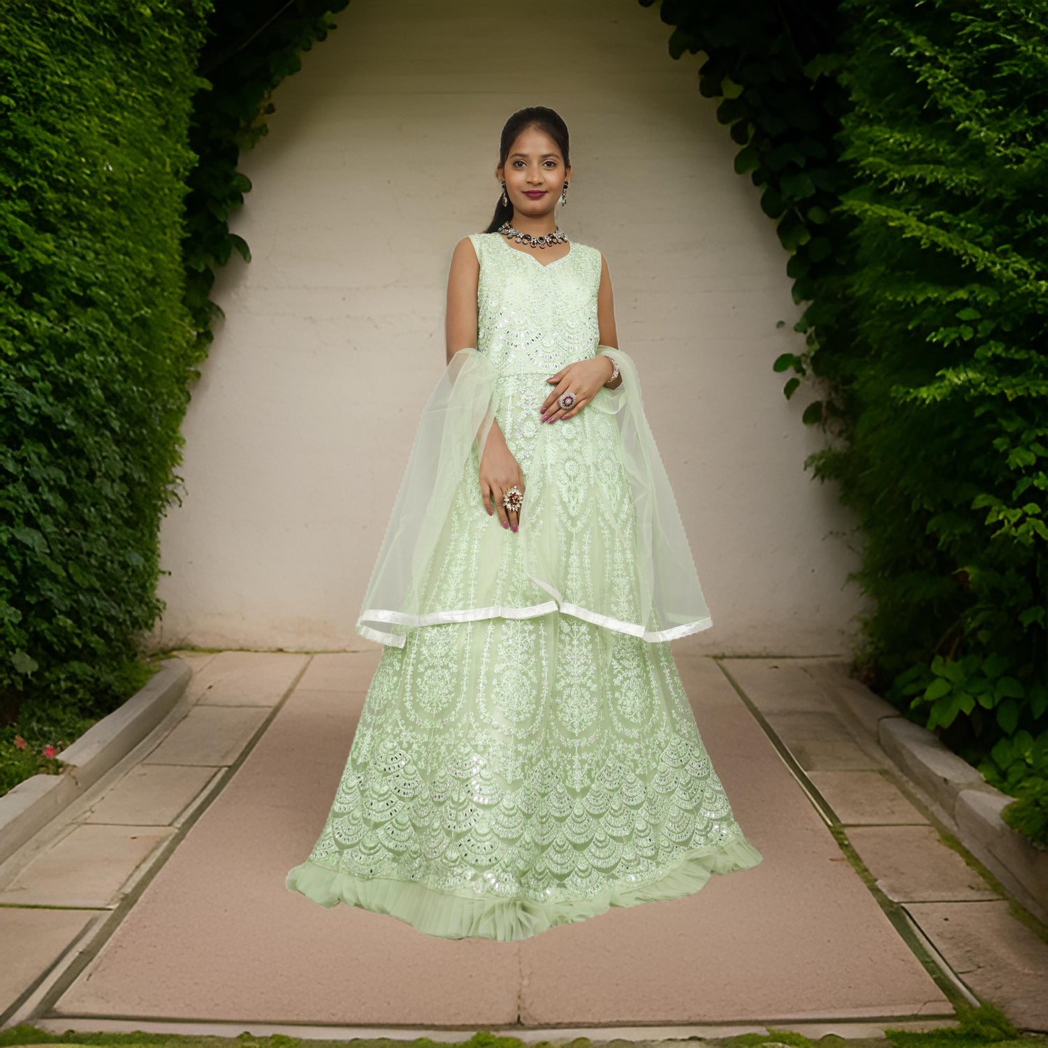 Gown with Thread Work &amp; Stones by Shreekama Pista Green Designer Gowns for Party Festival Wedding Occasion in Noida