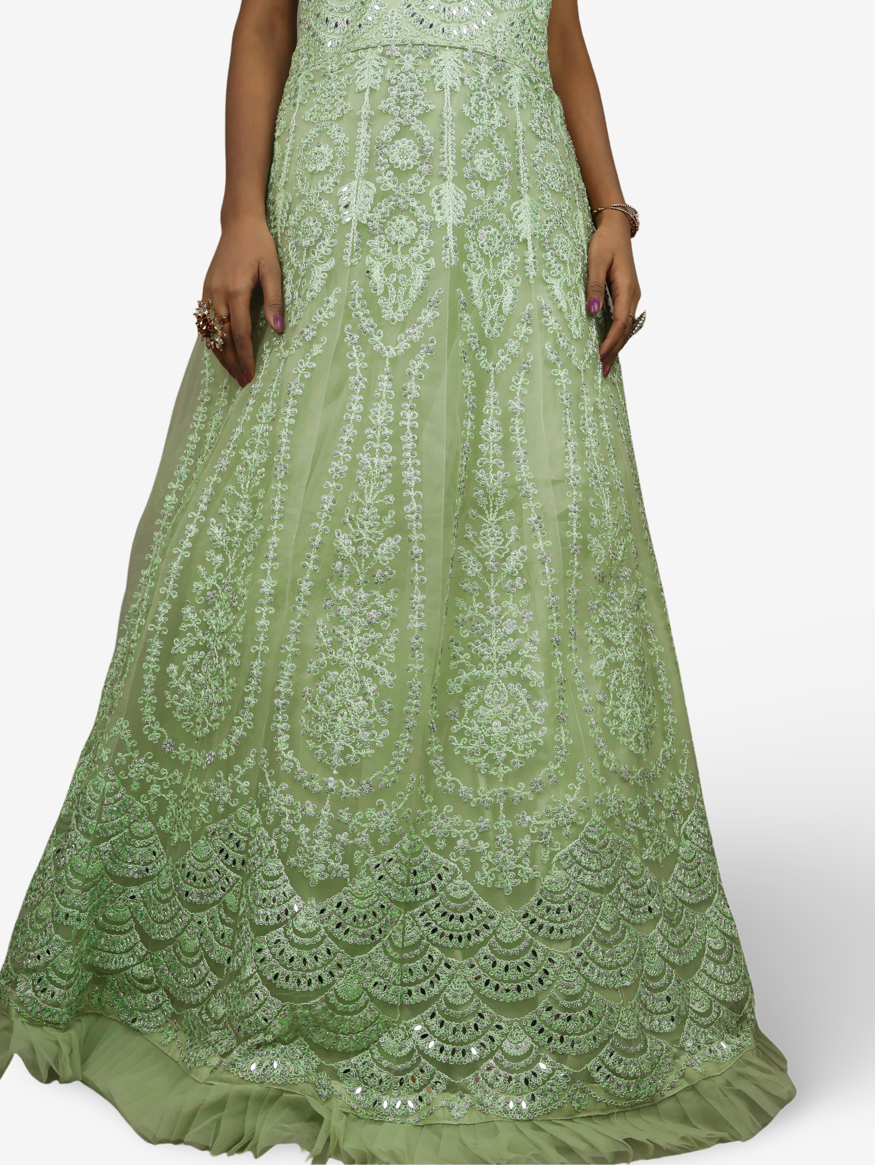 Gown with Thread Work &amp; Stones by Shreekama Pista Green Designer Gowns for Party Festival Wedding Occasion in Noida