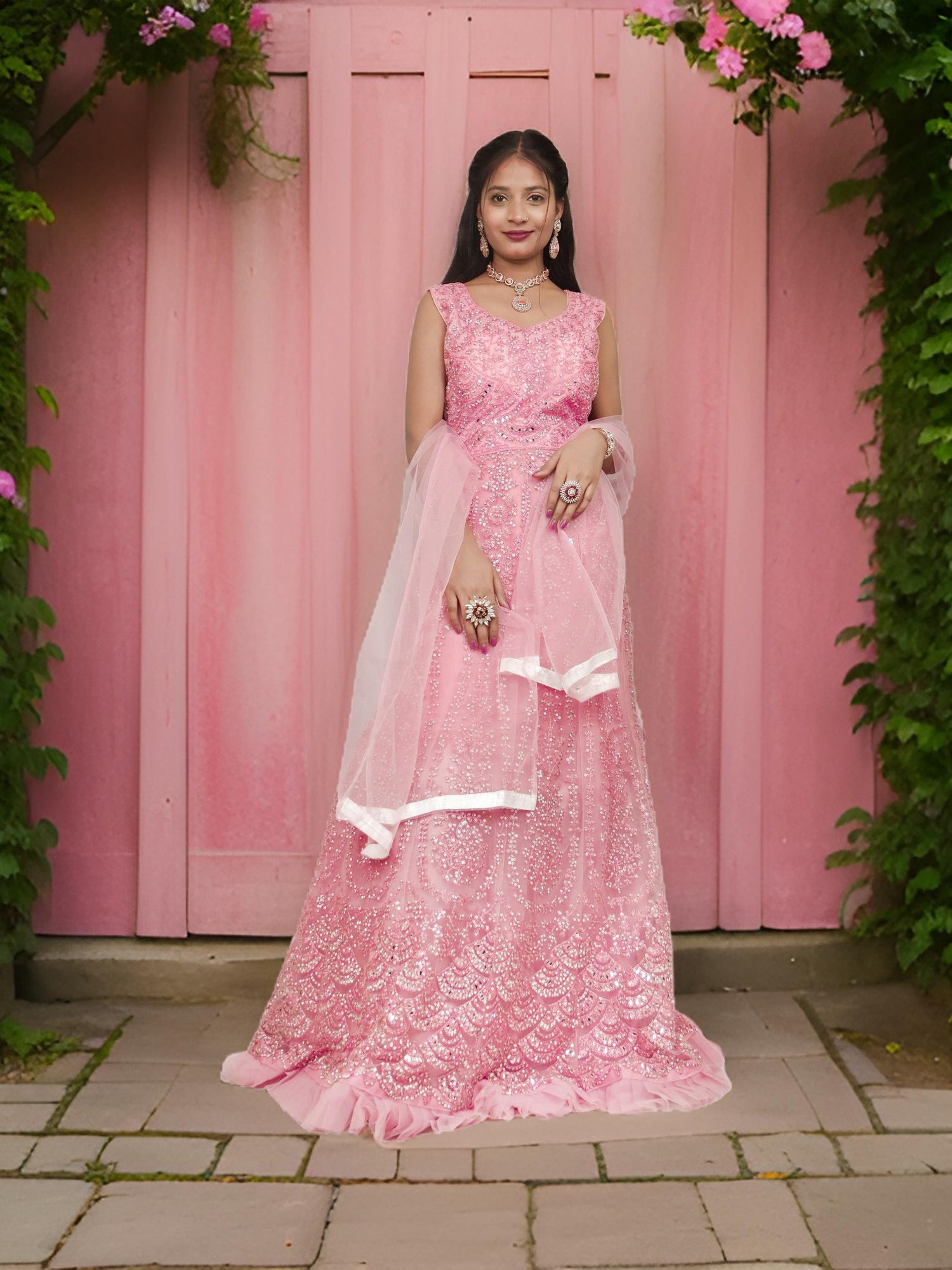 Gown with Thread Work &amp; Stones by Shreekama Pink Designer Gowns for Party Festival Wedding Occasion in Noida