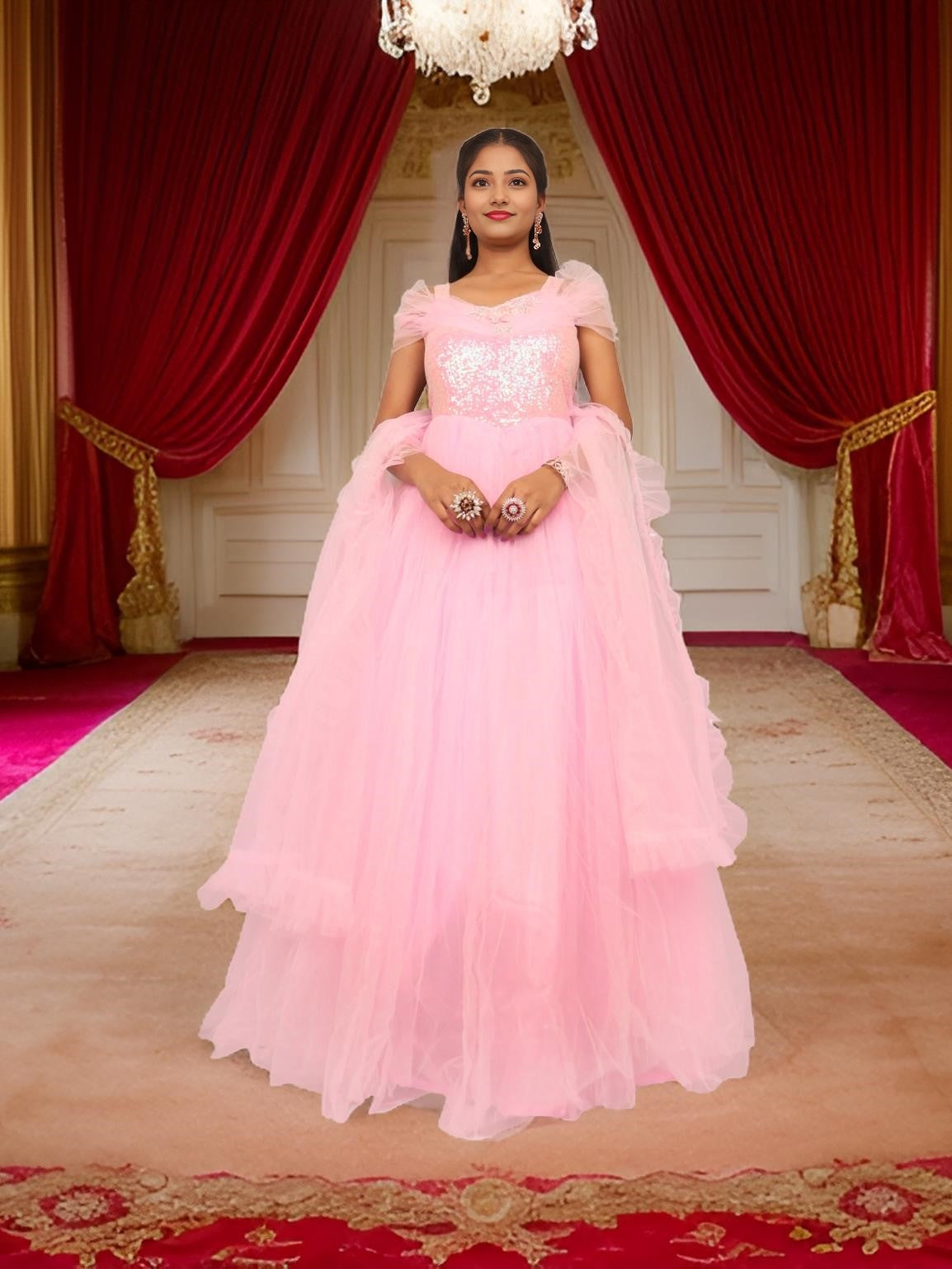 Net Fabric Gown with Sequin &amp; Beads work by Shreekama Pink Designer Gowns for Party Festival Wedding Occasion in Noida