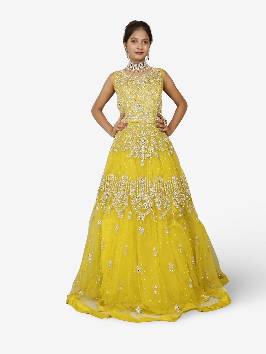 Lemon yellow gown with mirror and pearl work to soft net fabric for women by Shreekama Lemon Yellow Designer Gowns for Party Festival Wedding Occasion in Noida