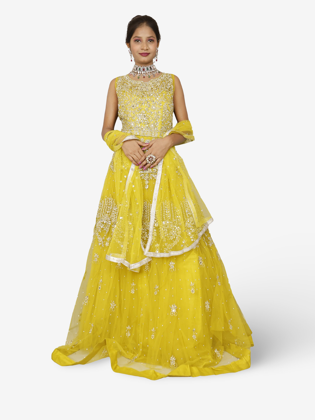 Lemon yellow gown with mirror and pearl work to soft net fabric for women by Shreekama Lemon Yellow Designer Gowns for Party Festival Wedding Occasion in Noida