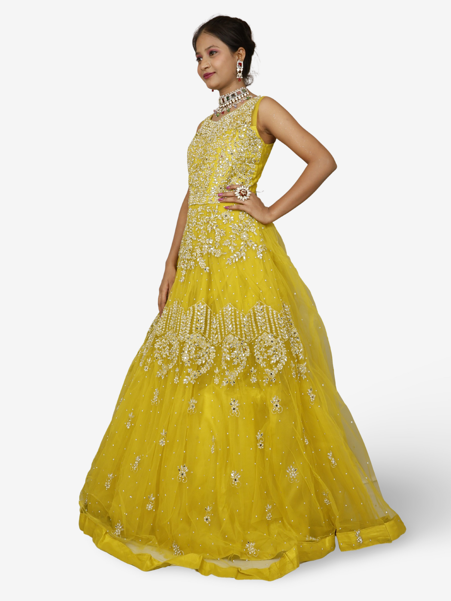 Lemon yellow gown with mirror and pearl work to soft net fabric for women by Shreekama Lemon Yellow Designer Gowns for Party Festival Wedding Occasion in Noida