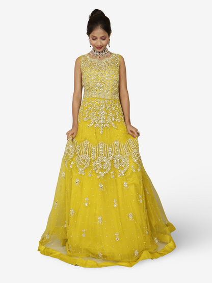 Lemon yellow gown with mirror and pearl work to soft net fabric for women by Shreekama Lemon Yellow Designer Gowns for Party Festival Wedding Occasion in Noida