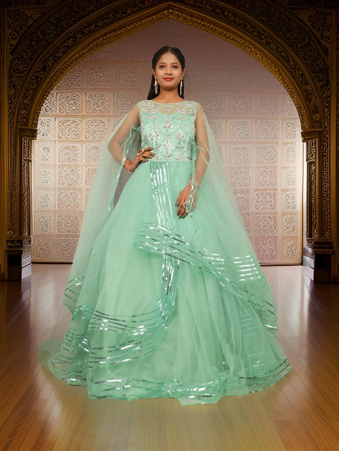 Gown with Cut Dana &amp; Beads by Shreekama Pista Green Designer Gowns for Party Festival Wedding Occasion in Noida